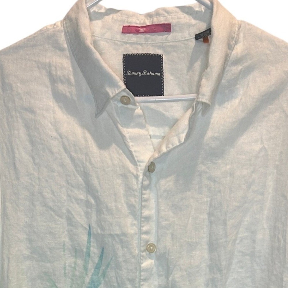Tommy Bahama Men's XLT Tall White 100% Linen Palm Leaf‎ Graphic Button Shirt